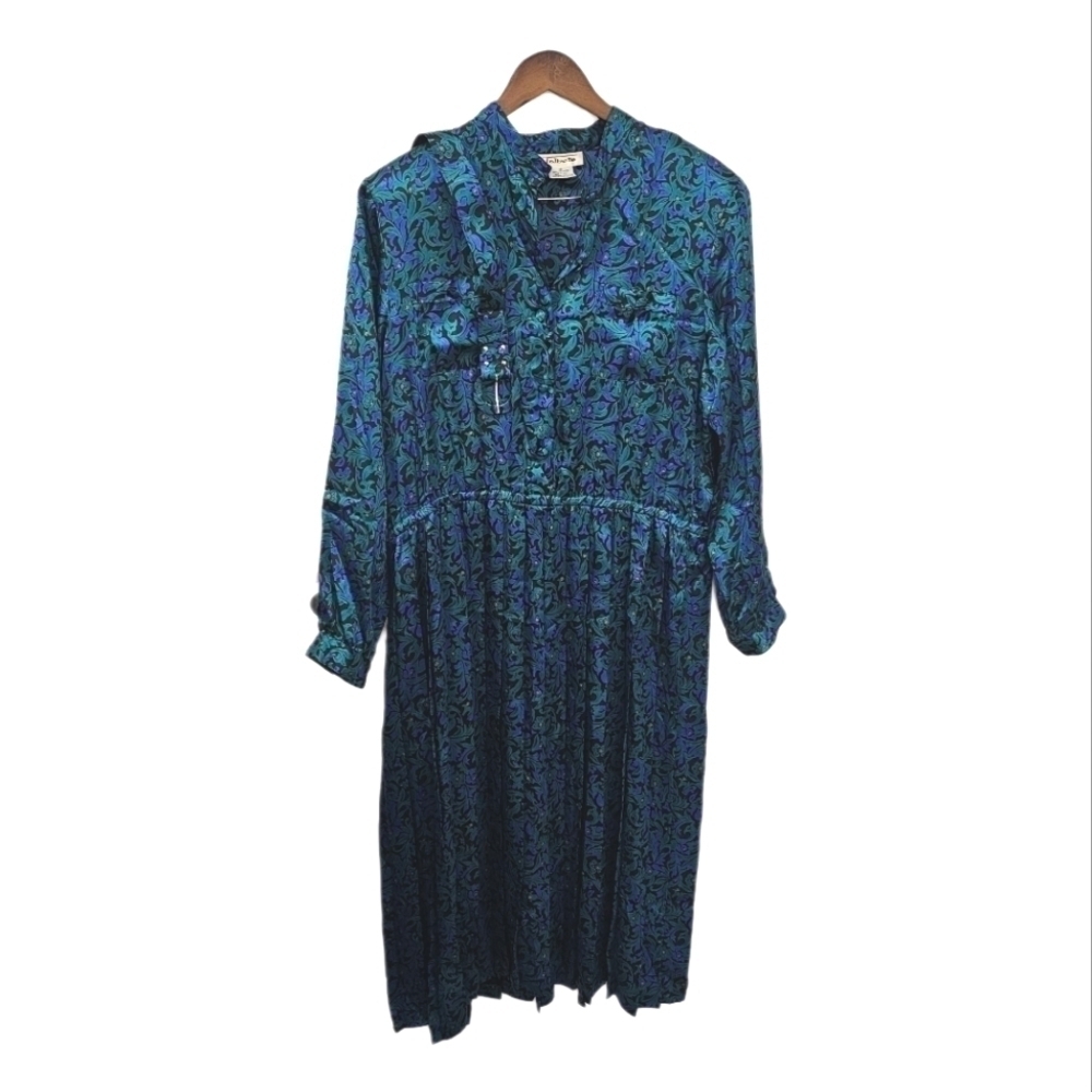 Talbots floral print teal maxi pleat dress long puff sleeve mock neck button 18